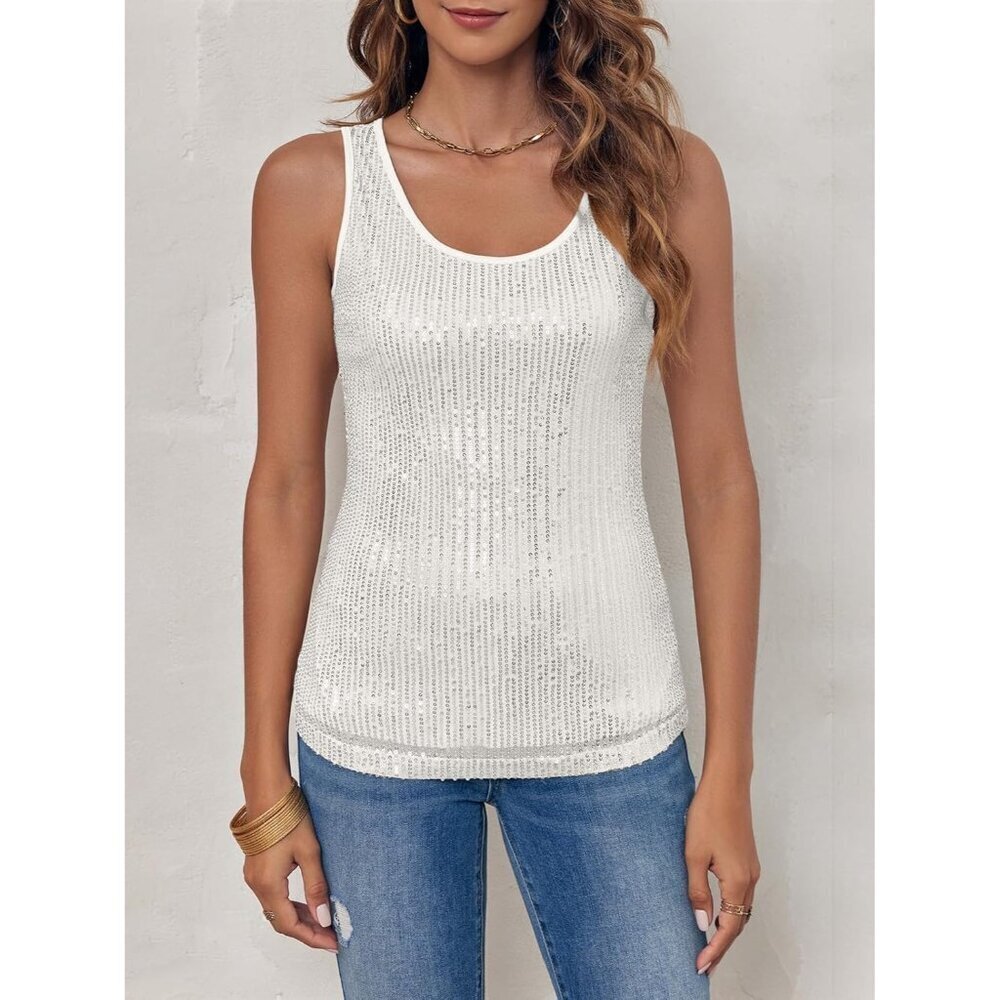 Women's Sequin Tank Top Sleeveless Scoop Neck Casual Party Wear Small - Picture 3 of 5